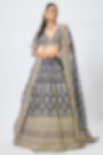Navy Blue Raw Silk Cutdana Hand & Machine Embroidered Bridal Lehenga Set by Kalighata at Pernia's Pop Up Shop