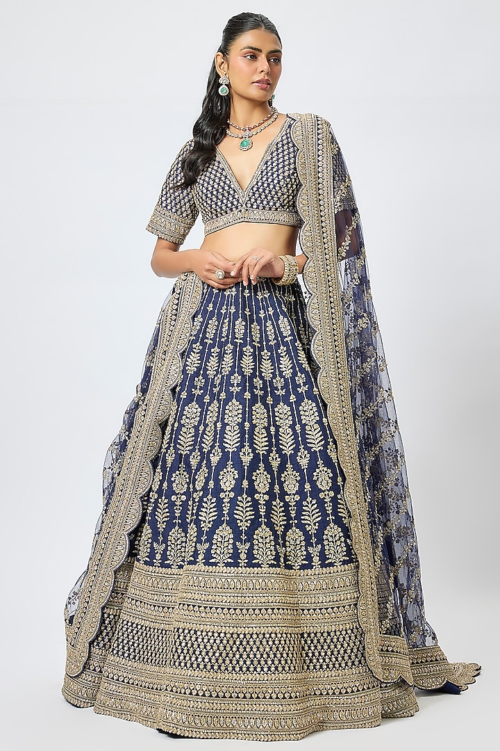 Navy Blue Raw Silk Cutdana Hand & Machine Embroidered Bridal Lehenga Set by Kalighata at Pernia's Pop Up Shop