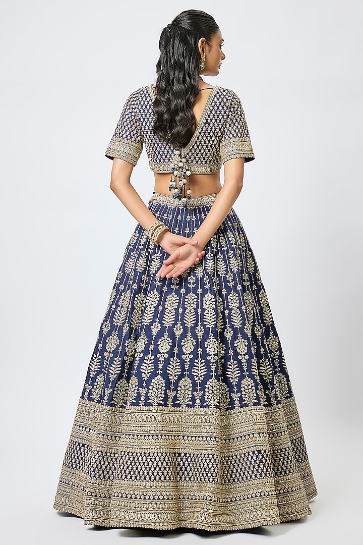 Navy Blue Raw Silk Cutdana Hand & Machine Embroidered Bridal Lehenga Set by Kalighata at Pernia's Pop Up Shop