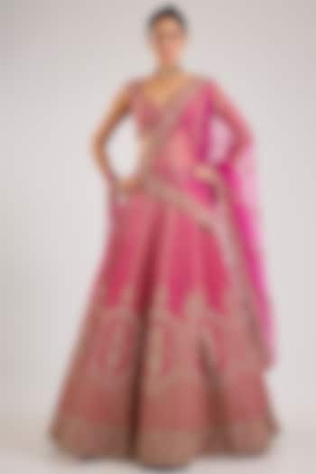 Pink Raw Silk Embroidered Bridal Lehenga Set by Kalighata at Pernia's Pop Up Shop