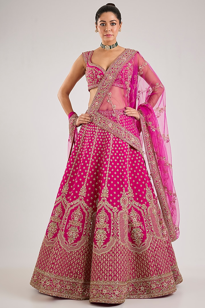 Pink Raw Silk Embroidered Bridal Lehenga Set by Kalighata at Pernia's Pop Up Shop