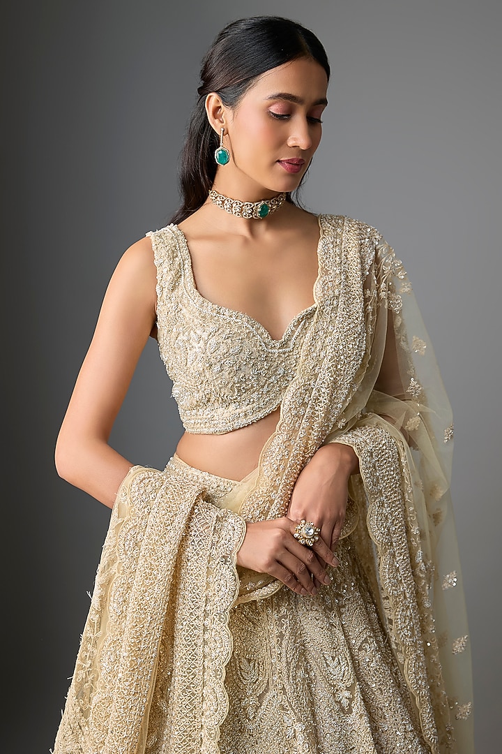 Pink Net Embroidered Bridal Lehenga Set by Kalighata at Pernia's Pop Up Shop