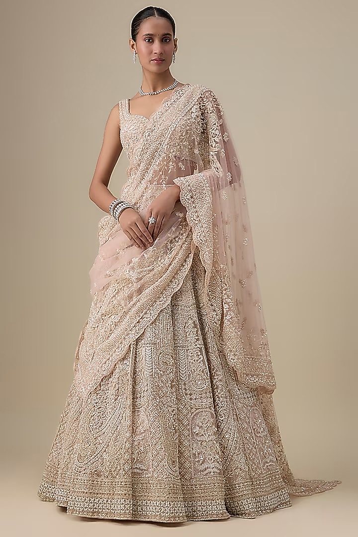 Blush Pink Net Hand & Machine Embroidered Bridal Lehenga Set by Kalighata at Pernia's Pop Up Shop