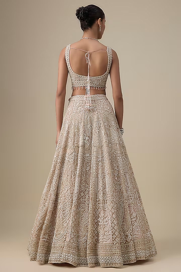 Blush Pink Net Hand & Machine Embroidered Bridal Lehenga Set by Kalighata at Pernia's Pop Up Shop