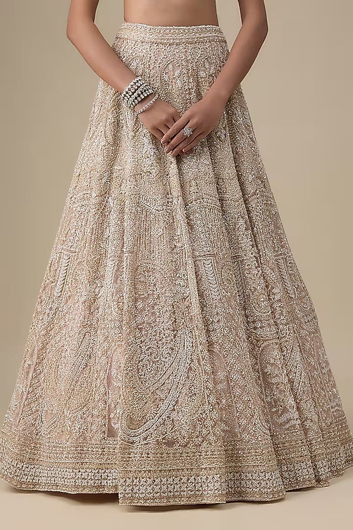 Blush Pink Net Hand & Machine Embroidered Bridal Lehenga Set by Kalighata at Pernia's Pop Up Shop