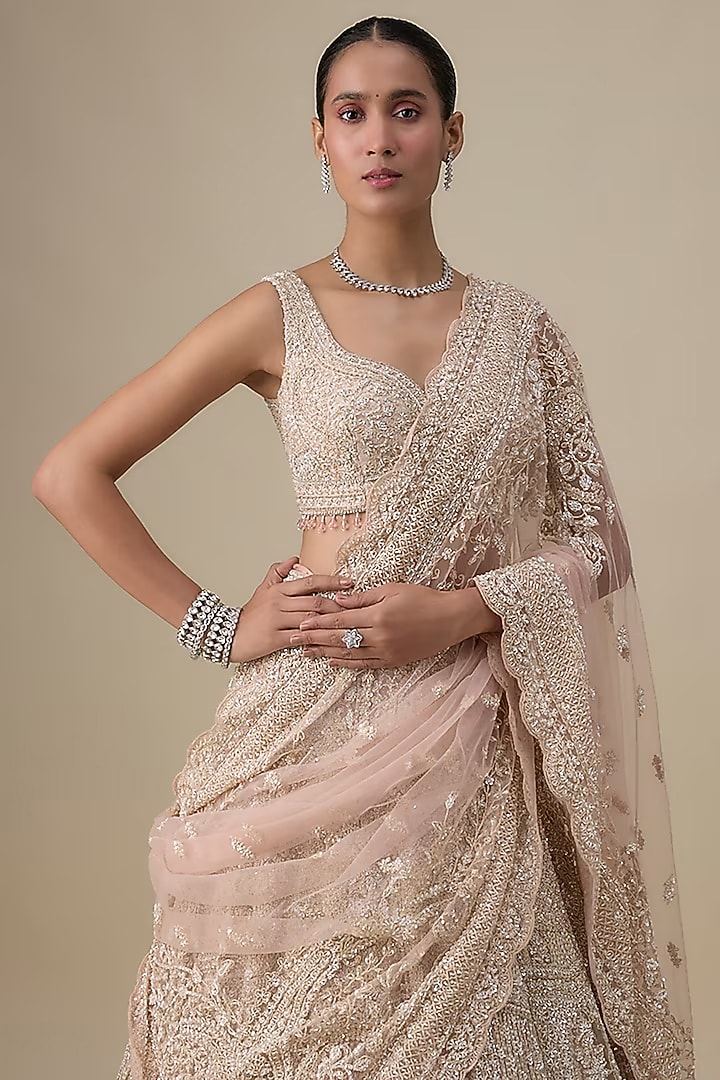 Blush Pink Net Hand & Machine Embroidered Bridal Lehenga Set by Kalighata at Pernia's Pop Up Shop