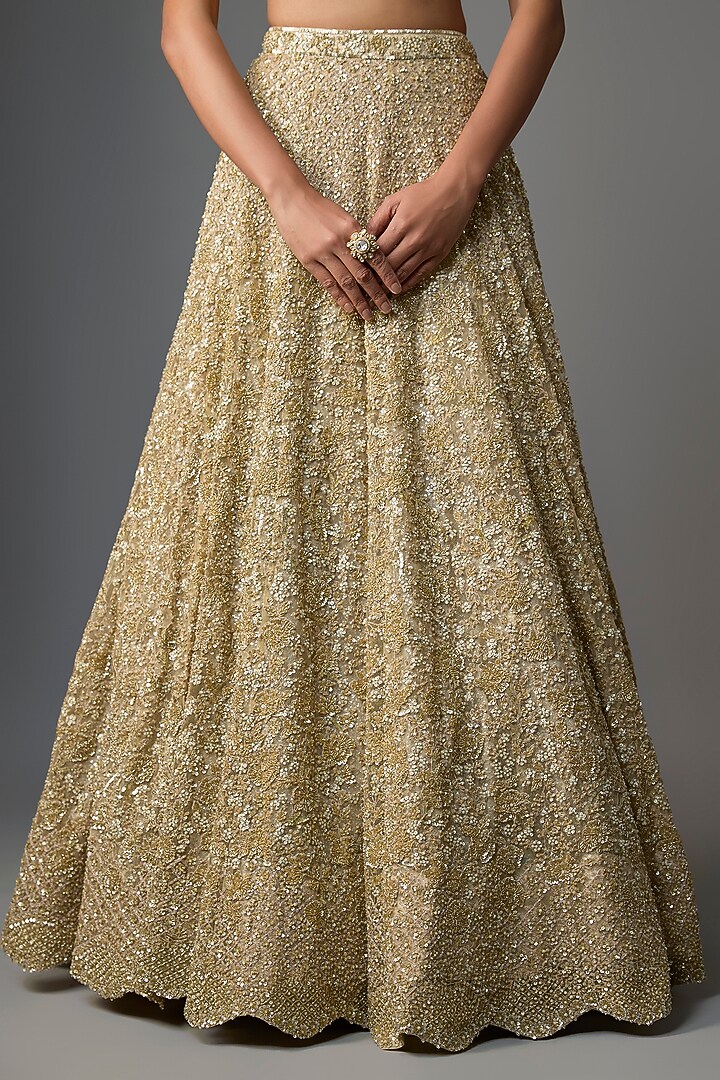 Gold Net Embroidered Bridal Lehenga Set by Kalighata at Pernia's Pop Up Shop