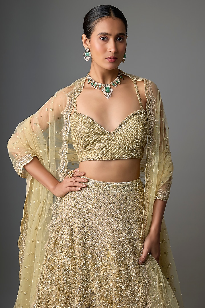 Gold Net Embroidered Bridal Lehenga Set by Kalighata at Pernia's Pop Up Shop