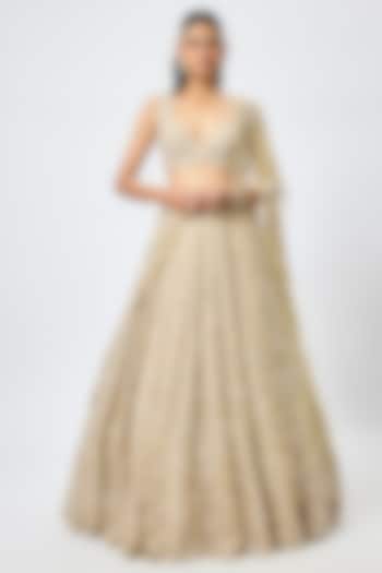 Gold Organza 3D Cutdana Embroidered Bridal Lehenga Set by Kalighata at Pernia's Pop Up Shop