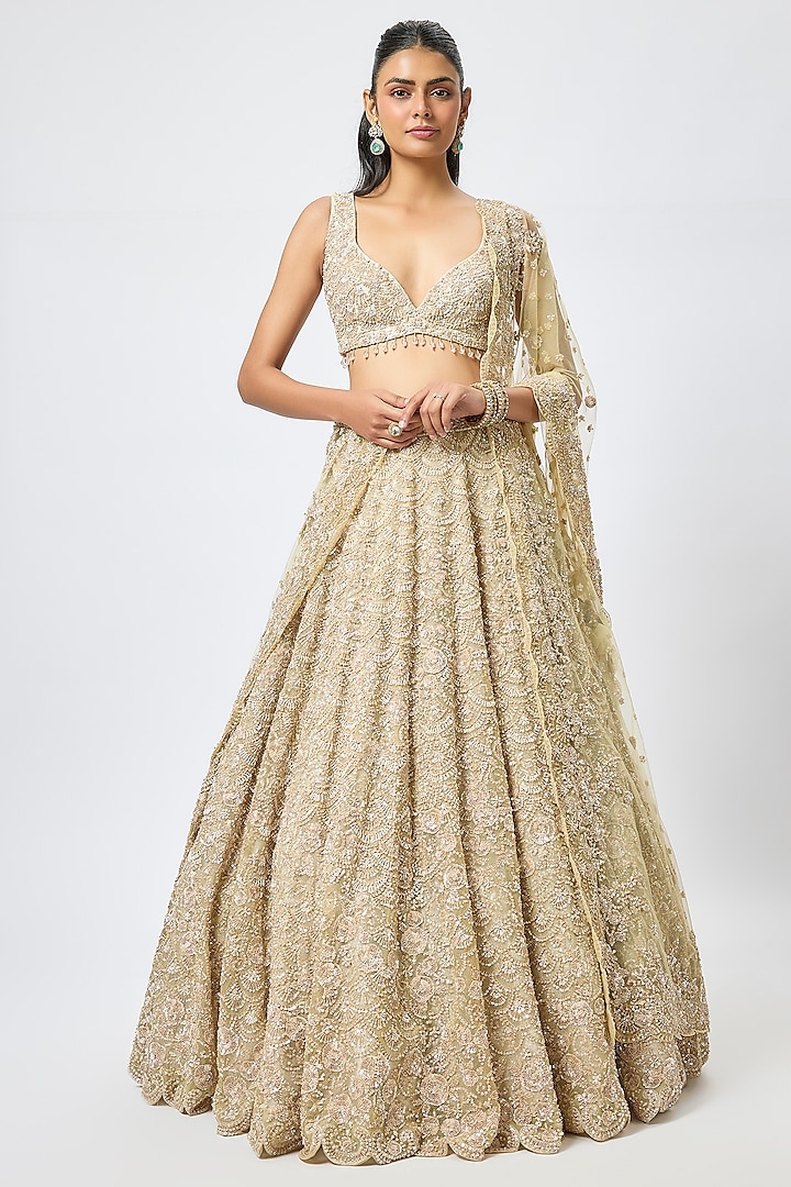 Gold Organza 3D Cutdana Embroidered Bridal Lehenga Set by Kalighata at Pernia's Pop Up Shop