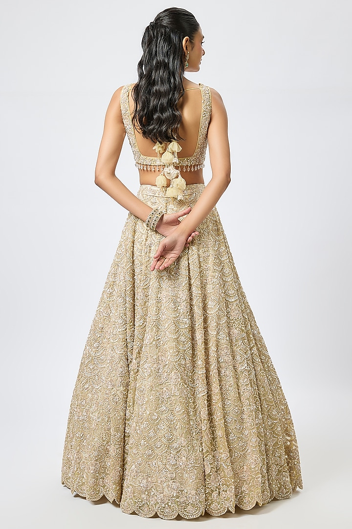 Gold Organza 3D Cutdana Embroidered Bridal Lehenga Set by Kalighata at Pernia's Pop Up Shop