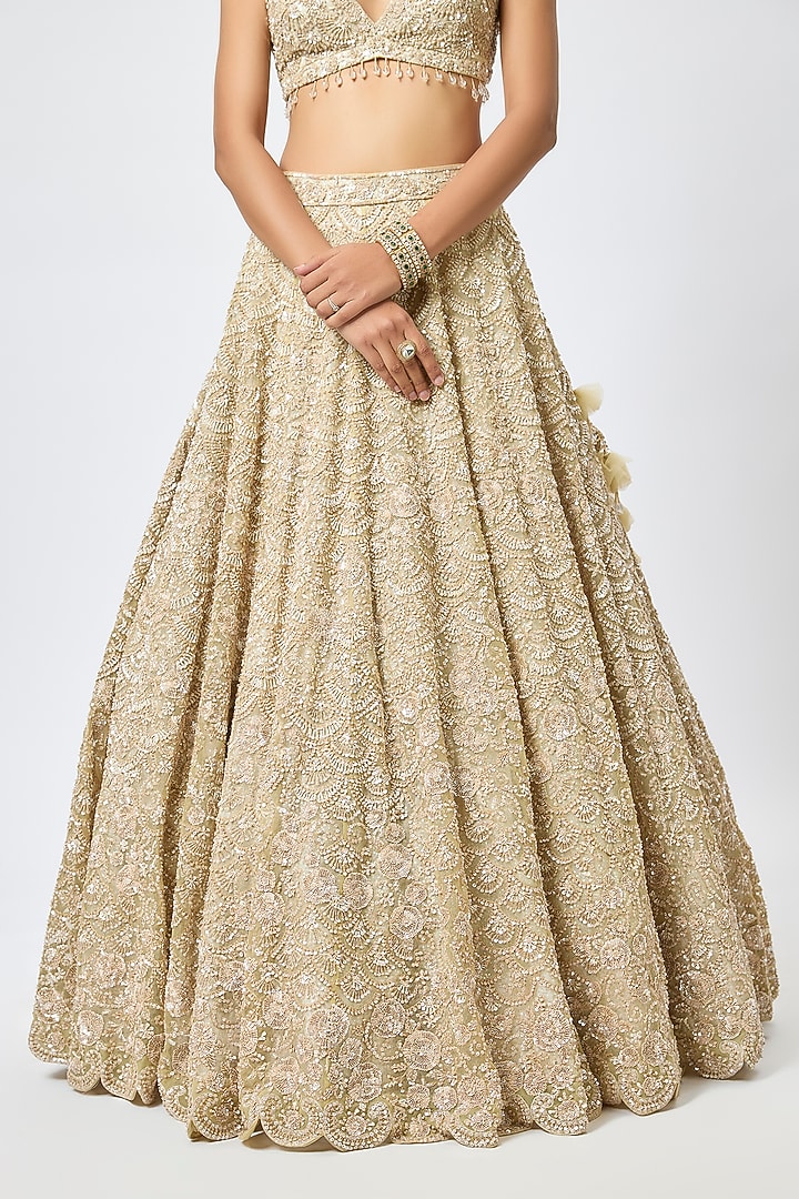 Gold Organza 3D Cutdana Embroidered Bridal Lehenga Set by Kalighata at Pernia's Pop Up Shop