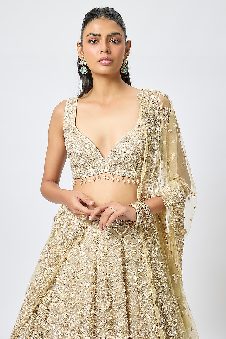 Gold Organza 3D Cutdana Embroidered Bridal Lehenga Set by Kalighata at Pernia's Pop Up Shop
