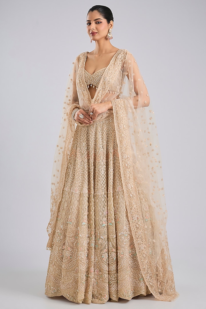 Peach Organza Bridal Lehenga Set by Kalighata at Pernia's Pop Up Shop