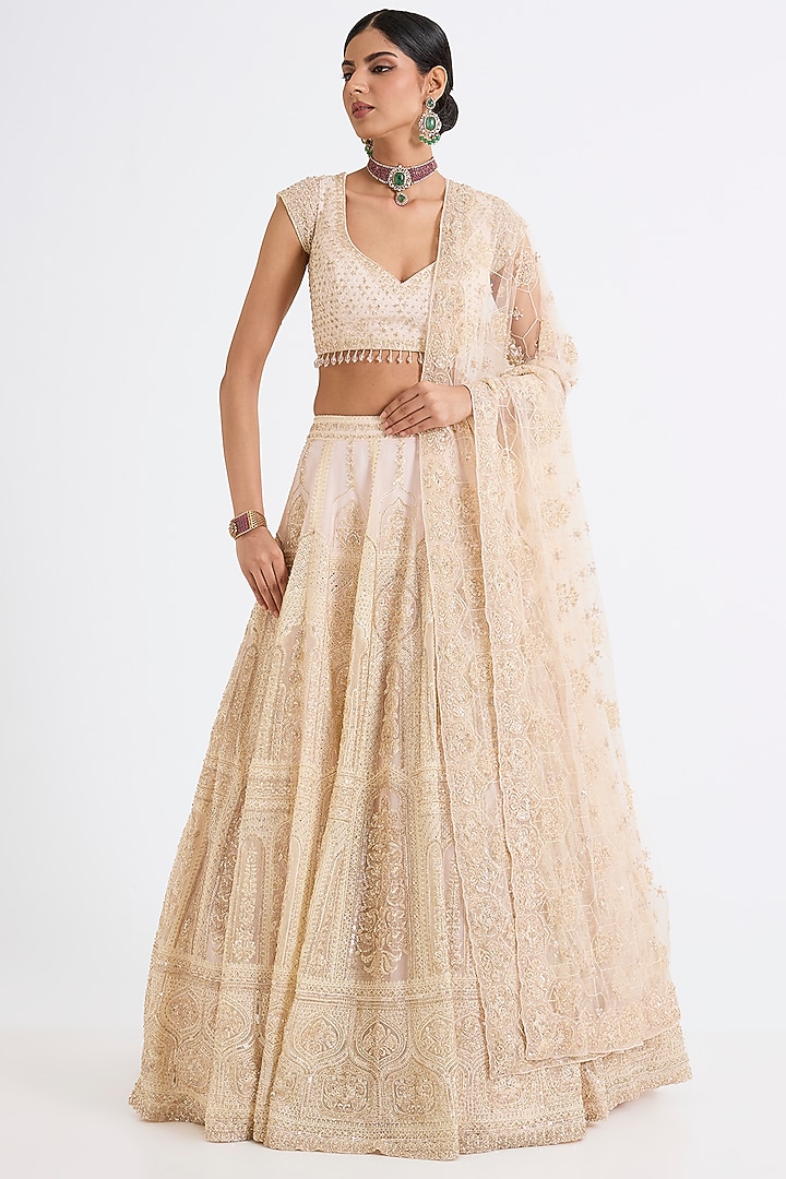 Pink Raw Silk Zari Hand & Machine Embroidered Bridal Lehenga Set by Kalighata at Pernia's Pop Up Shop
