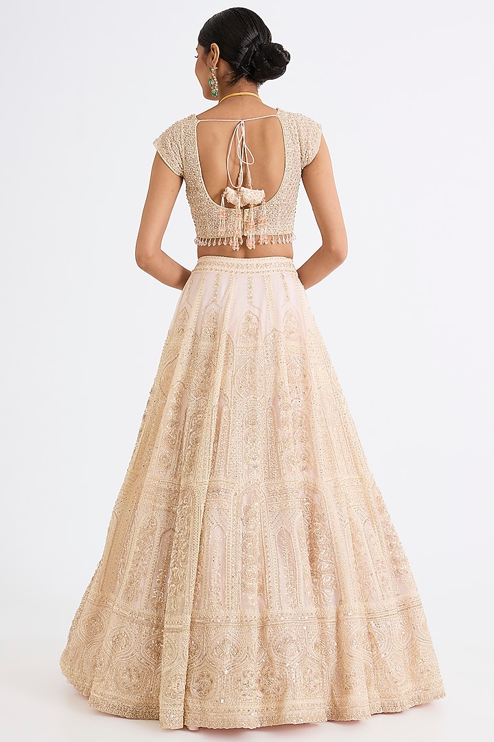 Pink Raw Silk Zari Hand & Machine Embroidered Bridal Lehenga Set by Kalighata at Pernia's Pop Up Shop