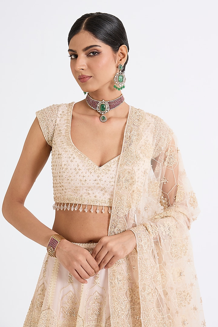 Pink Raw Silk Zari Hand & Machine Embroidered Bridal Lehenga Set by Kalighata at Pernia's Pop Up Shop