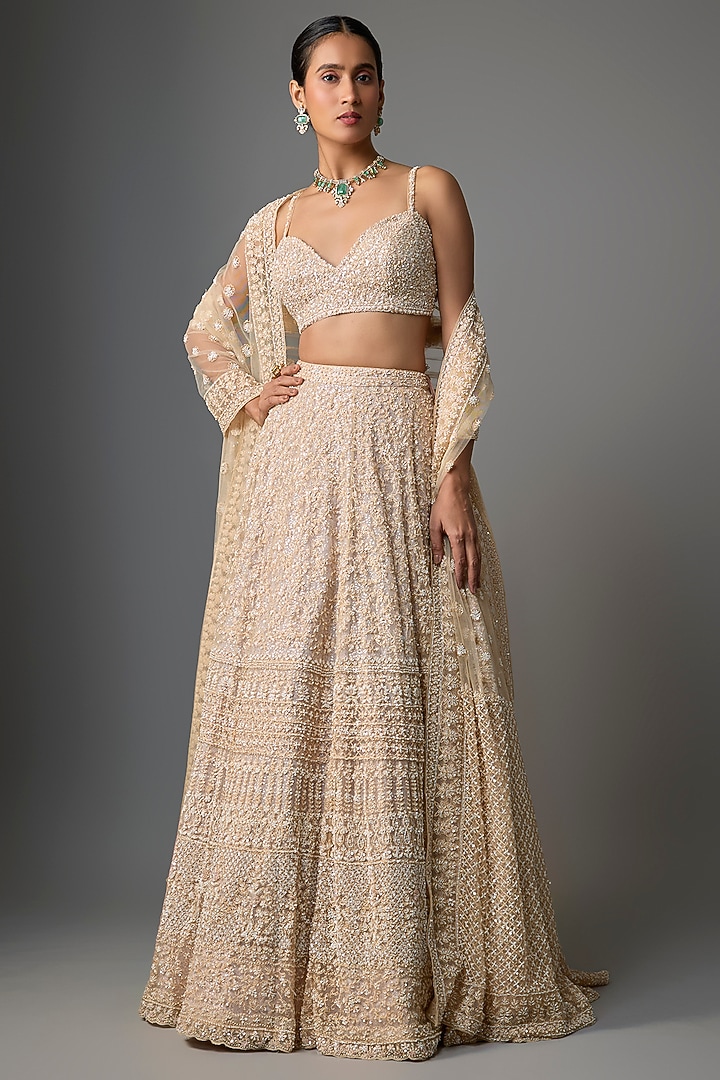 Pink Net Embroidered Bridal Lehenga Set by Kalighata at Pernia's Pop Up Shop