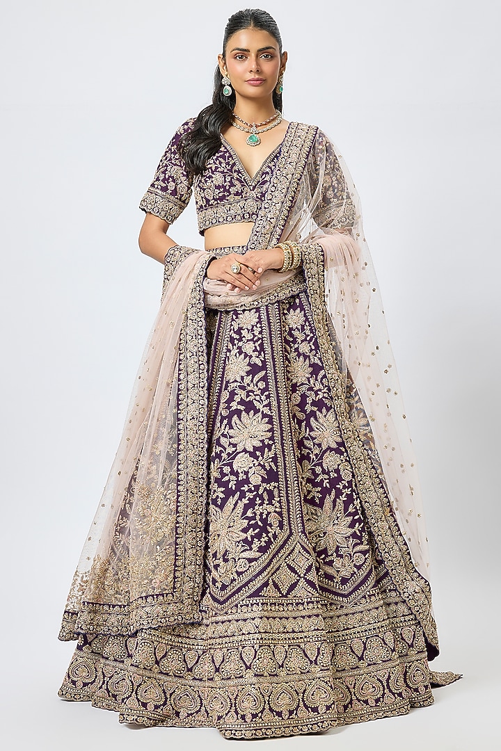 Purple Raw Silk Cutdana Hand & Machine Embroidered Bridal Lehenga Set by Kalighata at Pernia's Pop Up Shop
