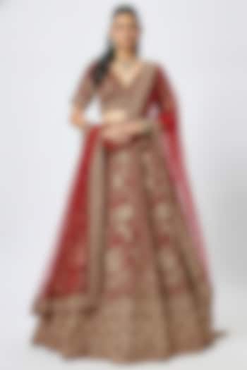 Red Raw Silk Cutdana Embroidered Bridal Lehenga Set by Kalighata at Pernia's Pop Up Shop
