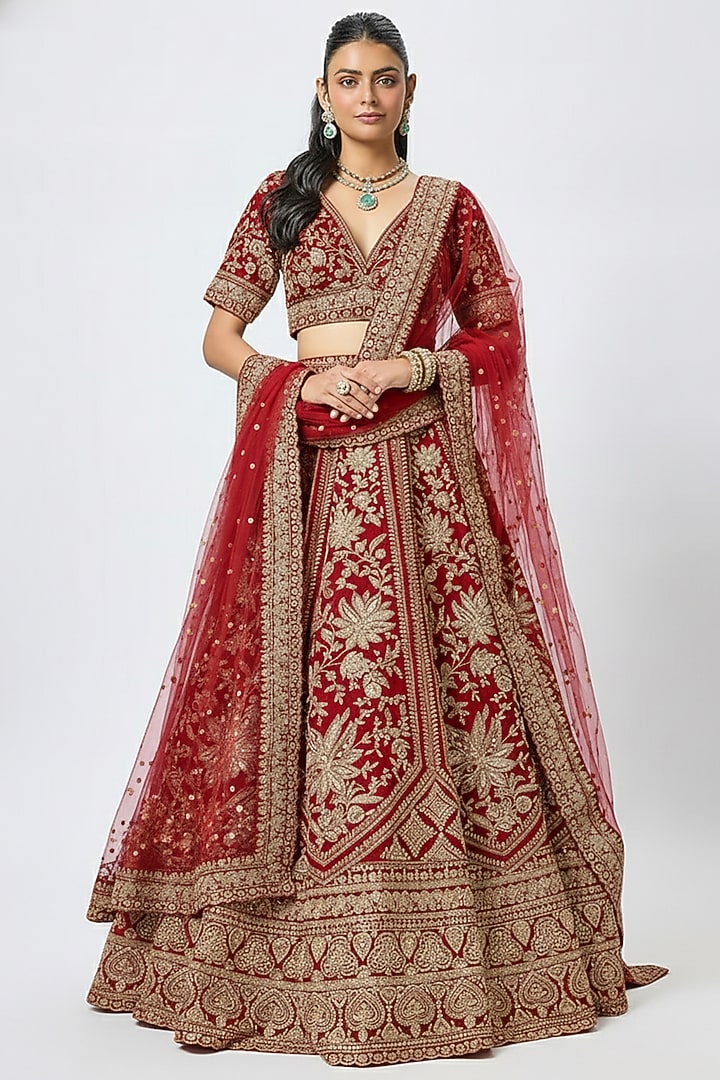 Red Raw Silk Cutdana Embroidered Bridal Lehenga Set by Kalighata at Pernia's Pop Up Shop