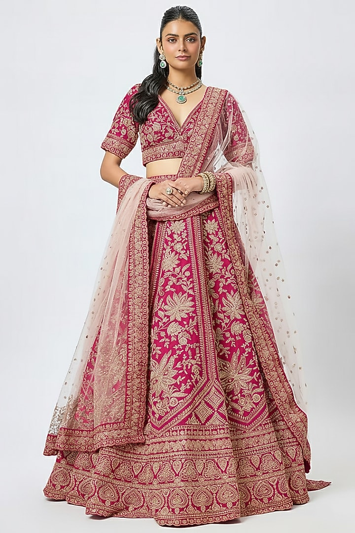 Rani Pink Raw Silk Cutdana Embroidered Bridal Lehenga Set by Kalighata at Pernia's Pop Up Shop