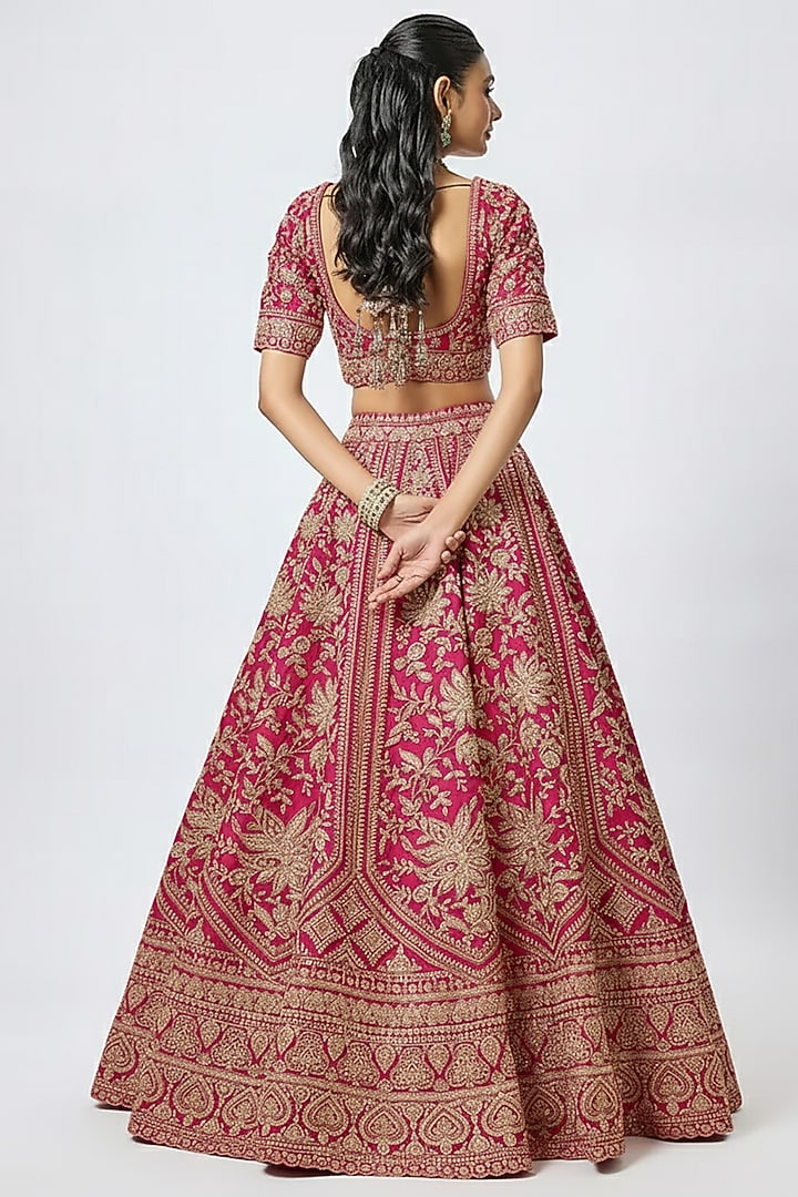 Rani Pink Raw Silk Cutdana Embroidered Bridal Lehenga Set by Kalighata at Pernia's Pop Up Shop