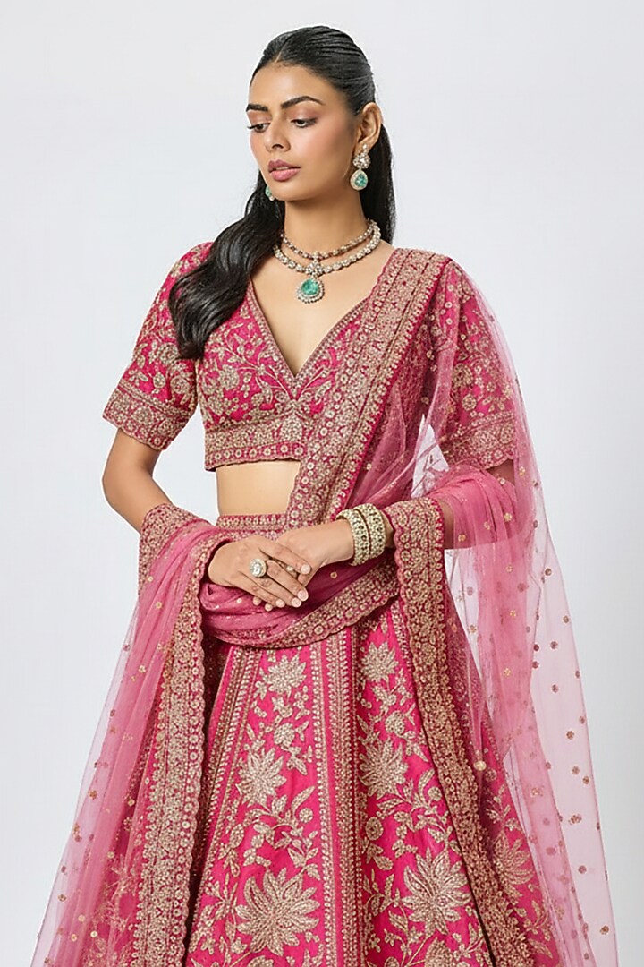 Rani Pink Raw Silk Cutdana Embroidered Bridal Lehenga Set by Kalighata at Pernia's Pop Up Shop