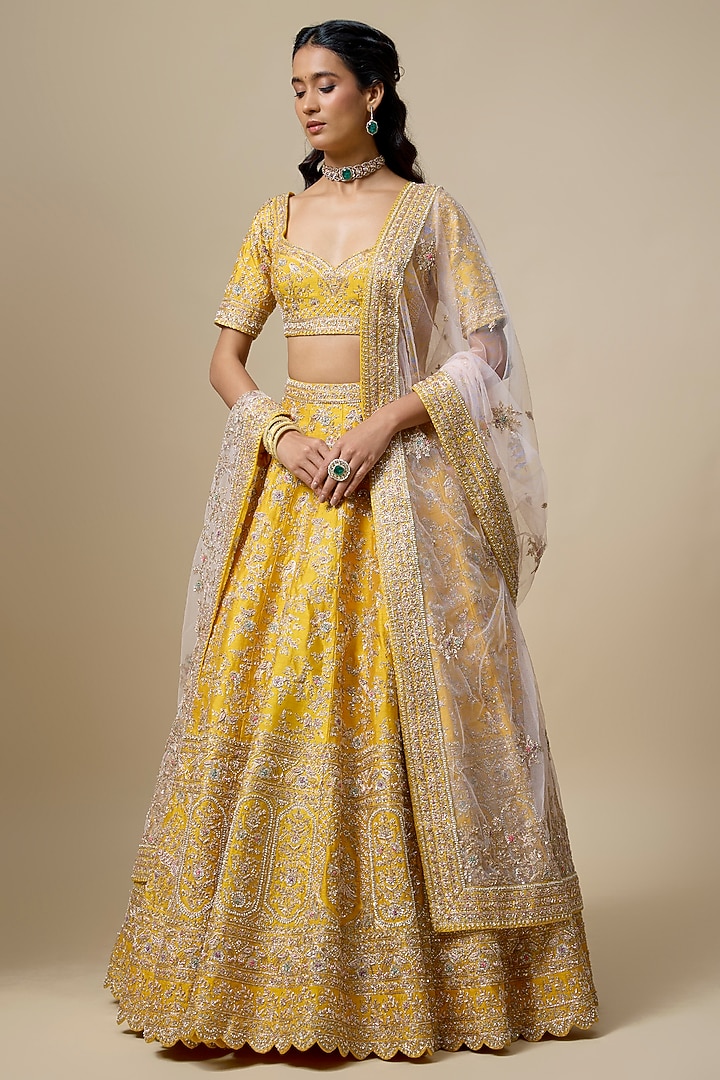 Mustard Raw Silk Embroidered Bridal Lehenga Set by Kalighata at Pernia's Pop Up Shop