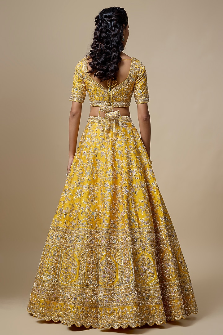 Mustard Raw Silk Embroidered Bridal Lehenga Set by Kalighata at Pernia's Pop Up Shop