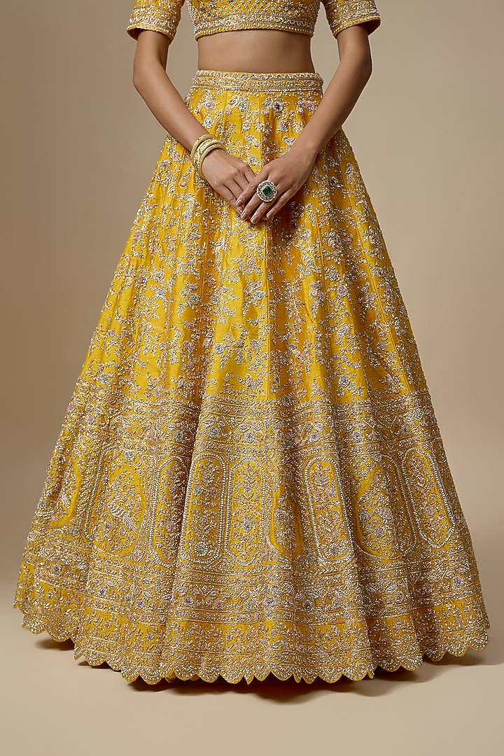 Mustard Raw Silk Embroidered Bridal Lehenga Set by Kalighata at Pernia's Pop Up Shop