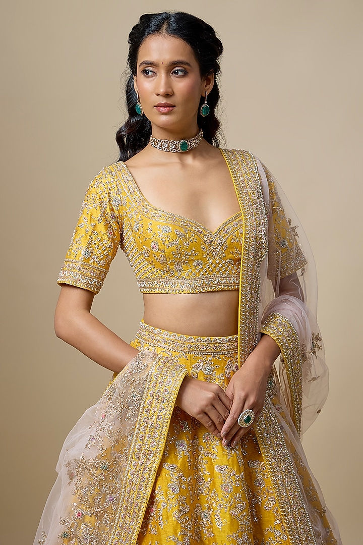 Mustard Raw Silk Embroidered Bridal Lehenga Set by Kalighata at Pernia's Pop Up Shop