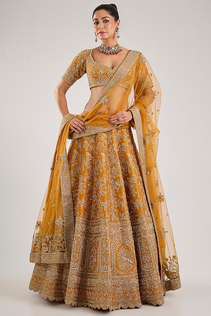 Rust Raw Silk Embroidered Bridal Lehenga Set by Kalighata at Pernia's Pop Up Shop