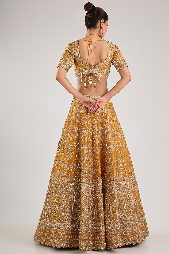 Rust Raw Silk Embroidered Bridal Lehenga Set by Kalighata at Pernia's Pop Up Shop