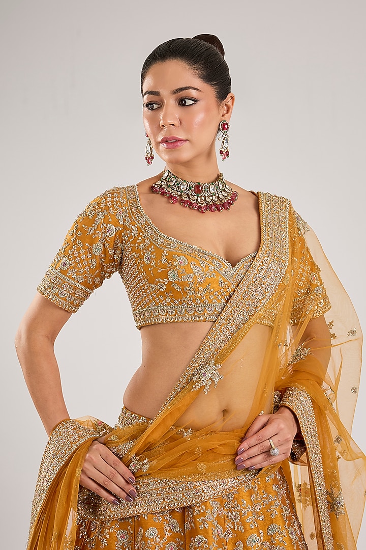 Rust Raw Silk Embroidered Bridal Lehenga Set by Kalighata at Pernia's Pop Up Shop