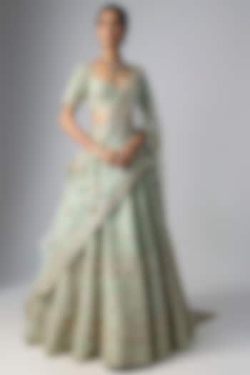 Mint Raw Silk Bridal Lehenga Set by Kalighata at Pernia's Pop Up Shop