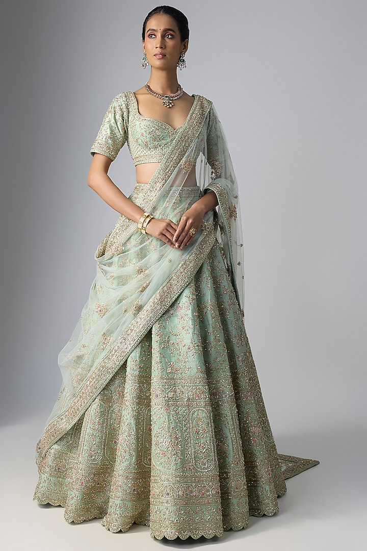 Mint Raw Silk Bridal Lehenga Set by Kalighata at Pernia's Pop Up Shop