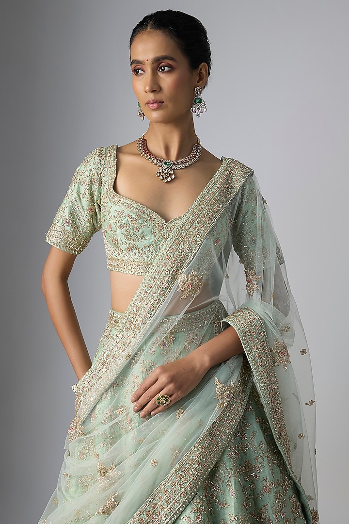 Mint Raw Silk Bridal Lehenga Set by Kalighata at Pernia's Pop Up Shop