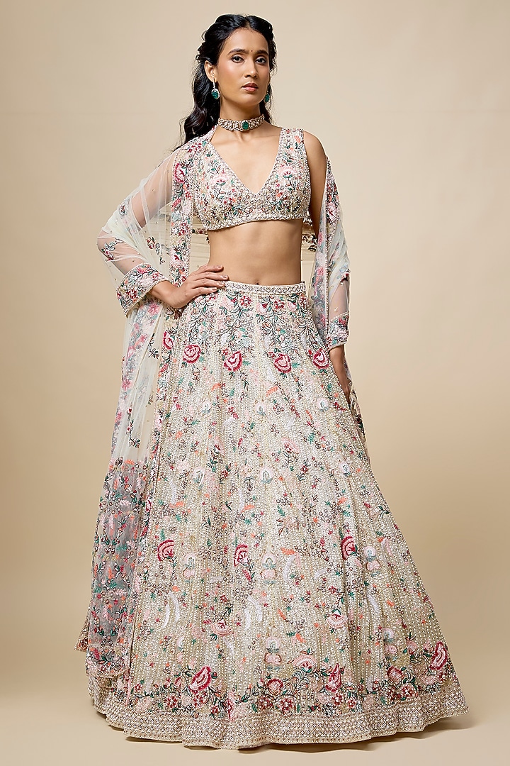 Peach Organza Embroidered Bridal Lehenga Set by Kalighata at Pernia's Pop Up Shop