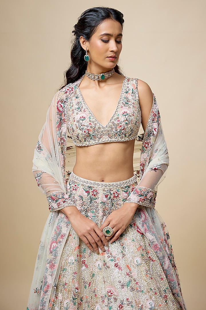 Peach Organza Embroidered Bridal Lehenga Set by Kalighata at Pernia's Pop Up Shop
