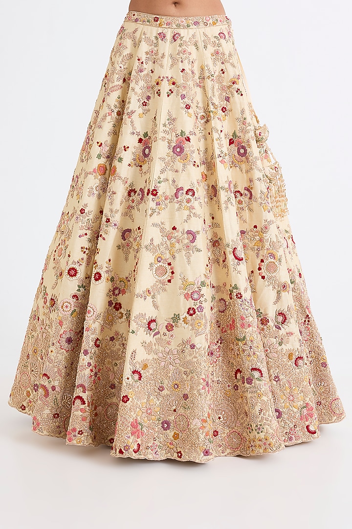 Ivory Raw Silk Zari Hand & Machine Embroidered Bridal Lehenga Set by Kalighata at Pernia's Pop Up Shop