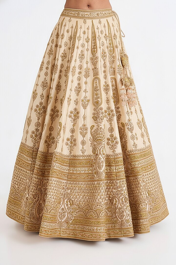 Ivory Raw Silk Hand & Machine Embroidered Bridal Lehenga Set by Kalighata at Pernia's Pop Up Shop