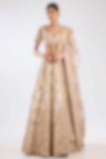 Peach Raw Silk Zari Hand & Machine Embroidered Bridal Lehenga Set by Kalighata at Pernia's Pop Up Shop