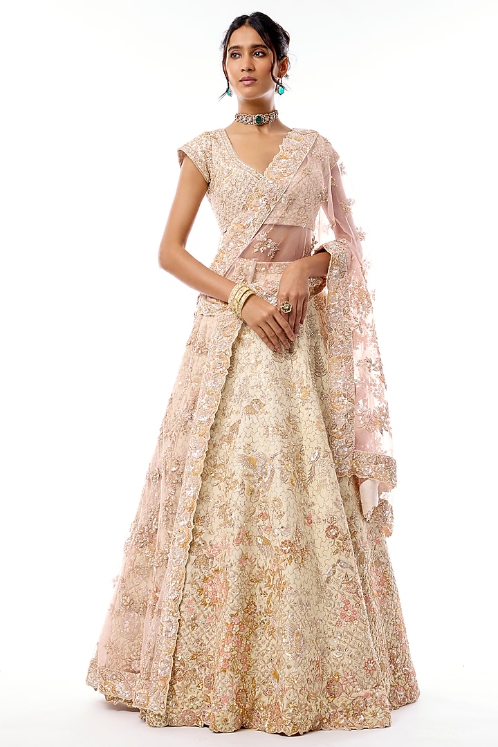 Light Peach Raw Silk Embroidered Bridal Lehenga Set by Kalighata at Pernia's Pop Up Shop