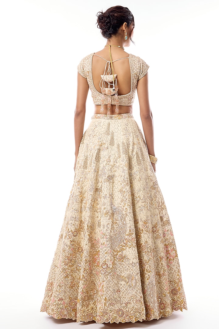 Light Peach Raw Silk Embroidered Bridal Lehenga Set by Kalighata at Pernia's Pop Up Shop