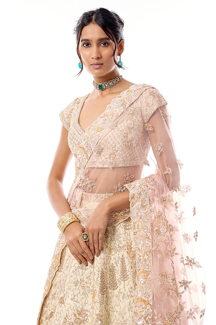 Light Peach Raw Silk Embroidered Bridal Lehenga Set by Kalighata at Pernia's Pop Up Shop