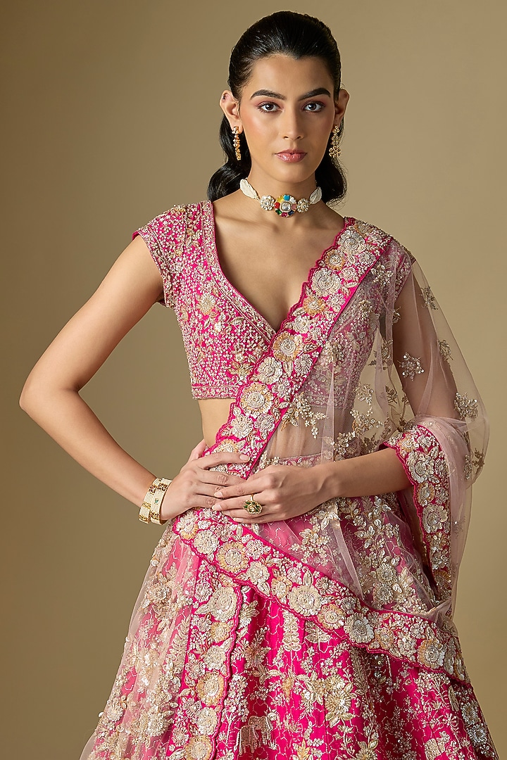 Rani Pink Raw Silk Bridal Lehenga Set by Kalighata at Pernia's Pop Up Shop