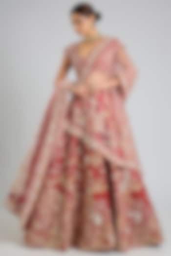 Red Organza Embroidered Bridal Lehenga Set by Kalighata at Pernia's Pop Up Shop