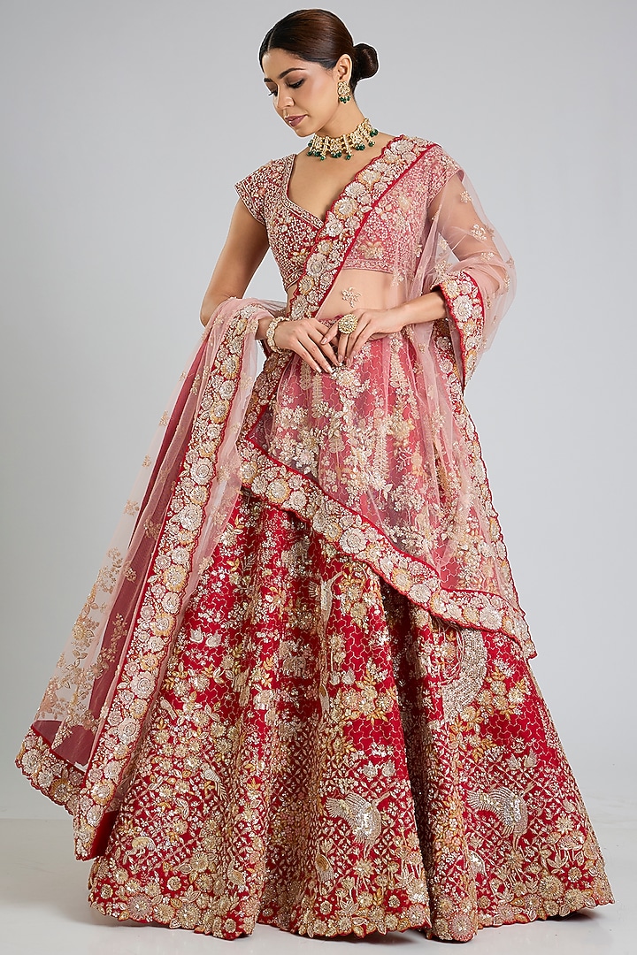 Red Organza Embroidered Bridal Lehenga Set by Kalighata at Pernia's Pop Up Shop