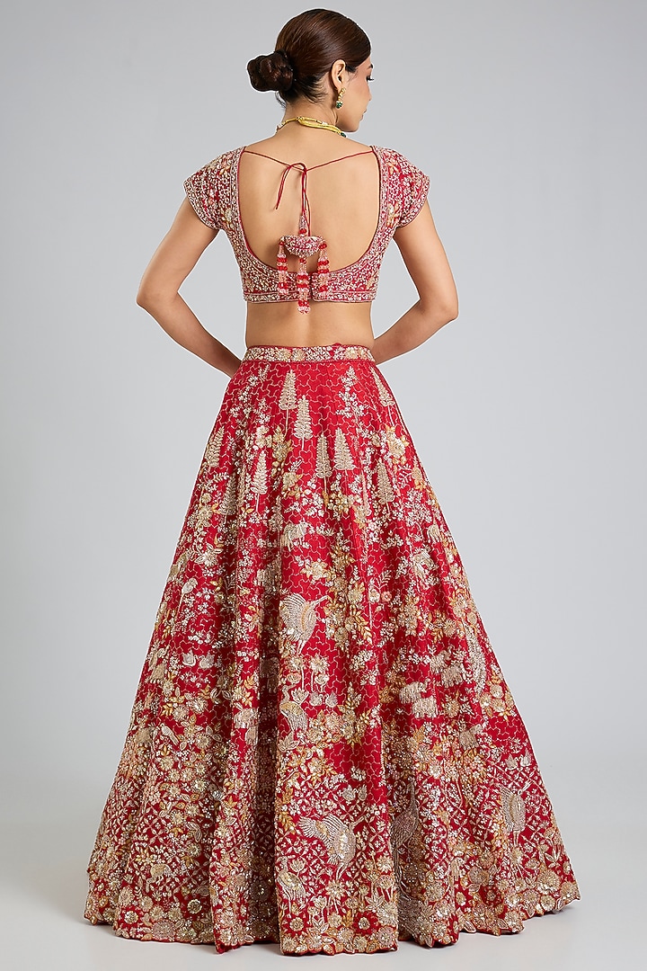 Red Organza Embroidered Bridal Lehenga Set by Kalighata at Pernia's Pop Up Shop